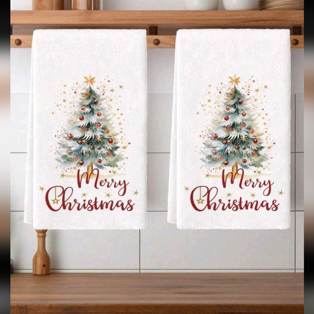 Merry Christmas Tree Kitchen Towels Microfiber Set Of 2